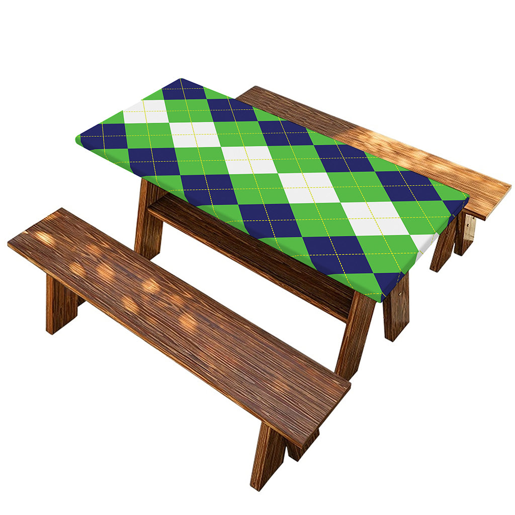 White Navy And Green Argyle Print Picnic Table Cover