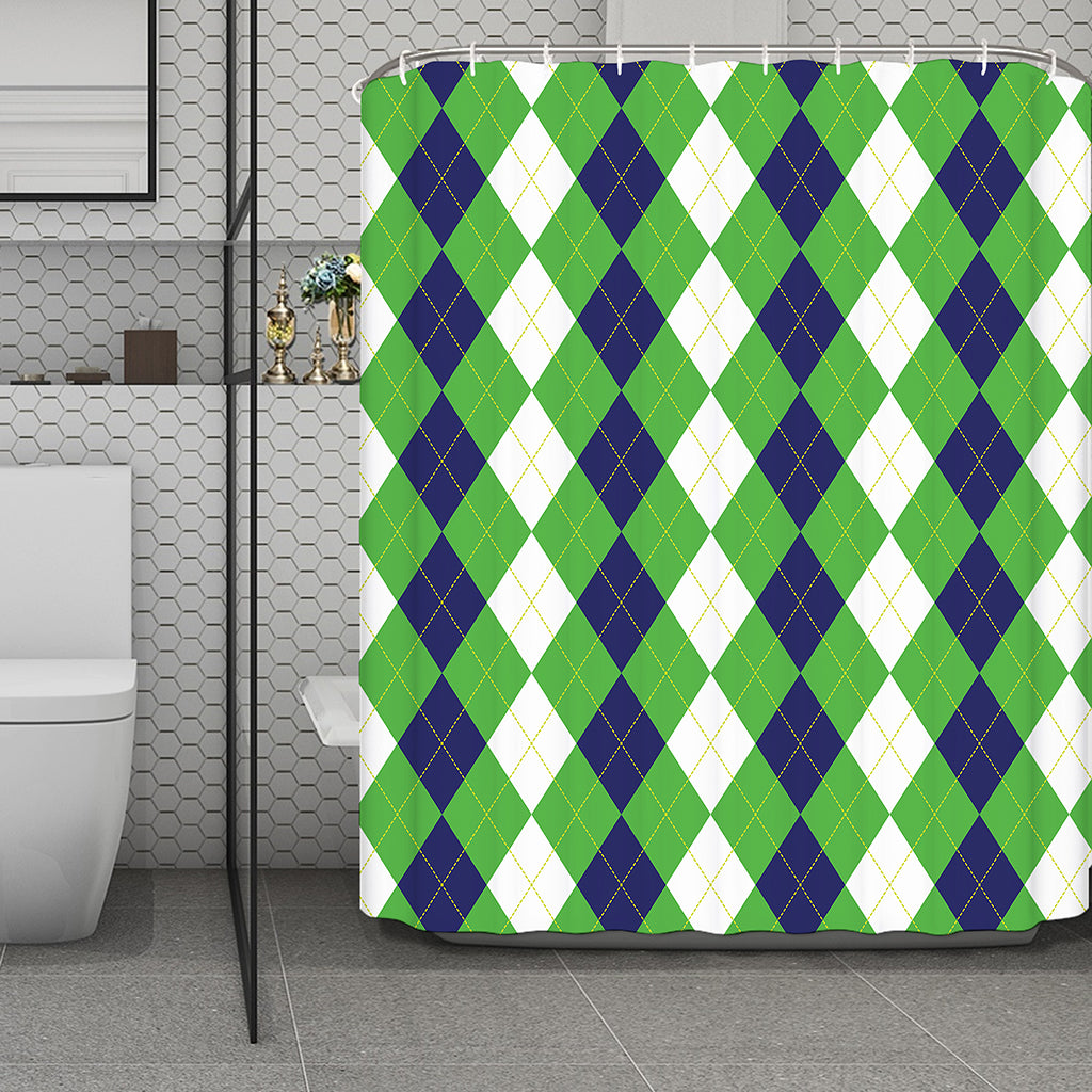 White Navy And Green Argyle Print Polyester Shower Curtain