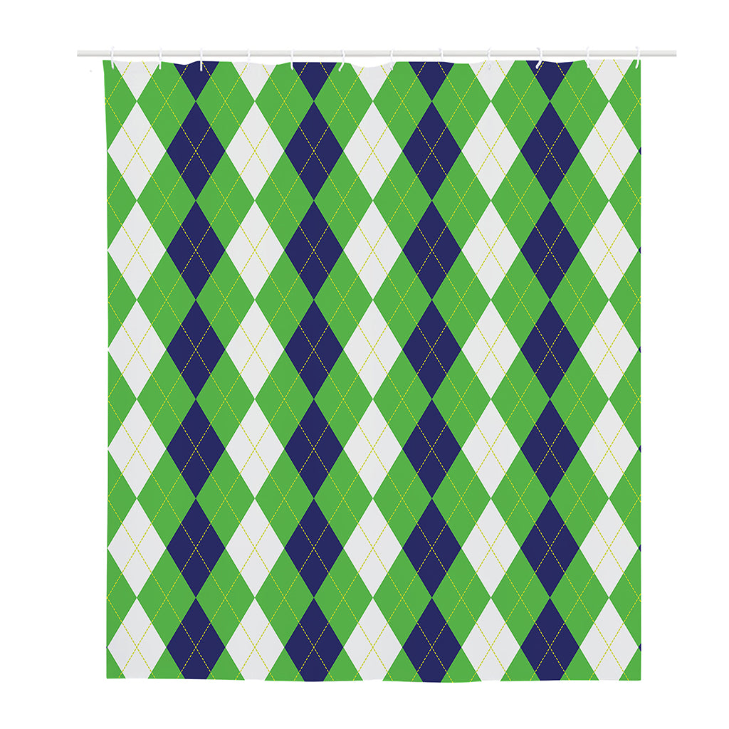 White Navy And Green Argyle Print Polyester Shower Curtain
