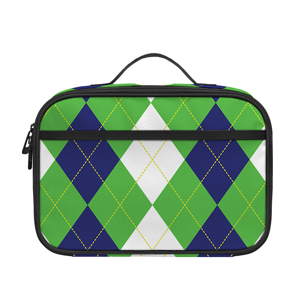 White Navy And Green Argyle Print Portable Lunch Bag