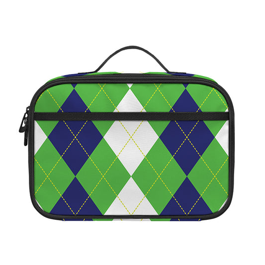 White Navy And Green Argyle Print Portable Lunch Bag