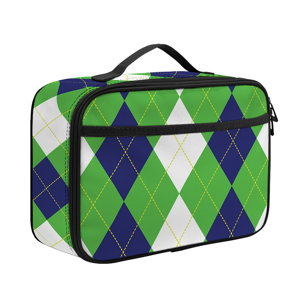 White Navy And Green Argyle Print Portable Lunch Bag