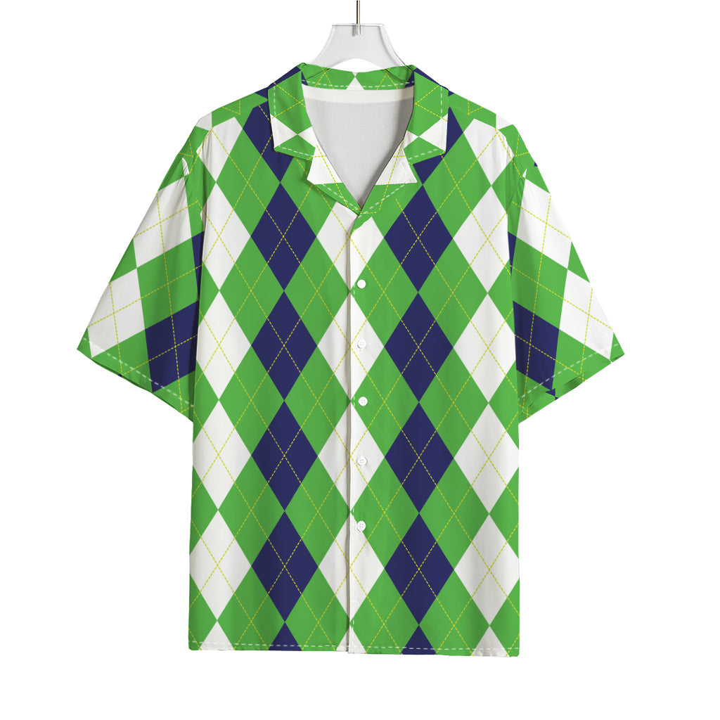 White Navy And Green Argyle Print Rayon Hawaiian Shirt
