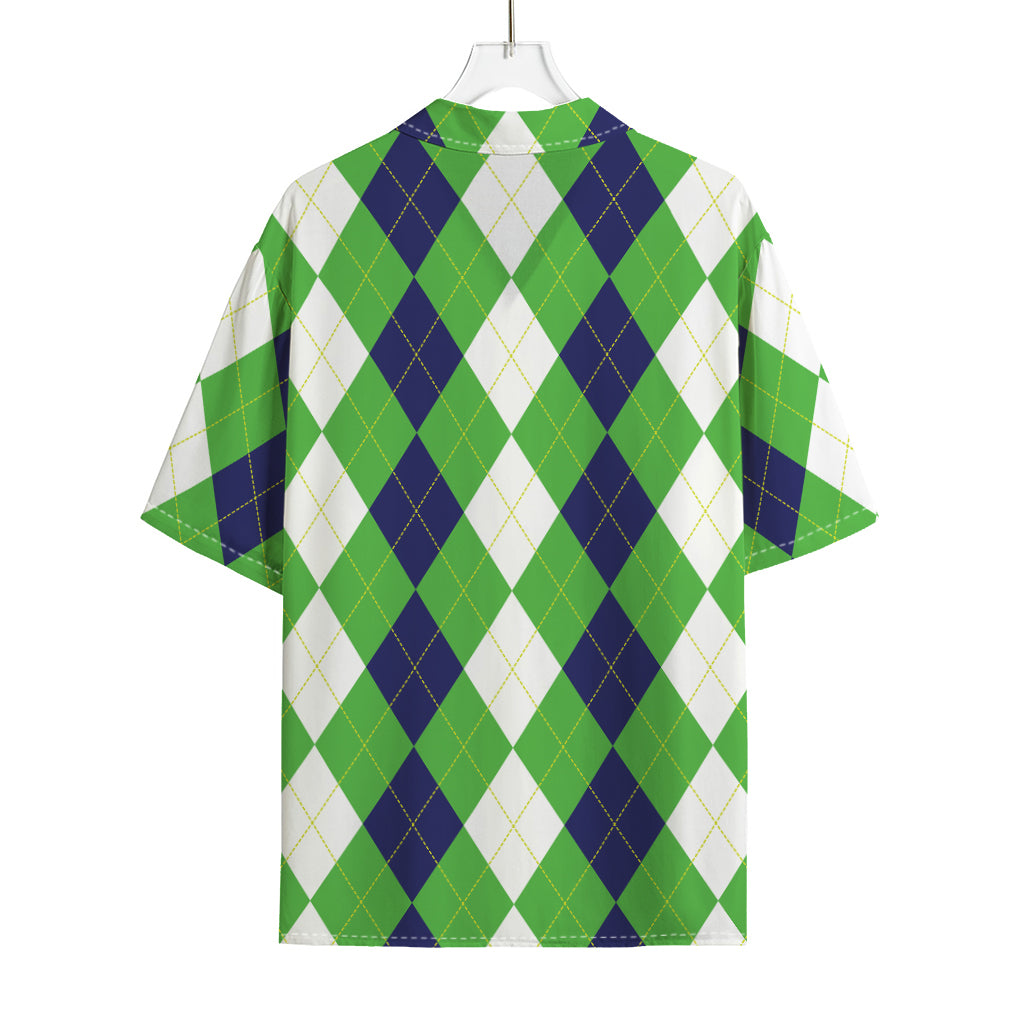 White Navy And Green Argyle Print Rayon Hawaiian Shirt