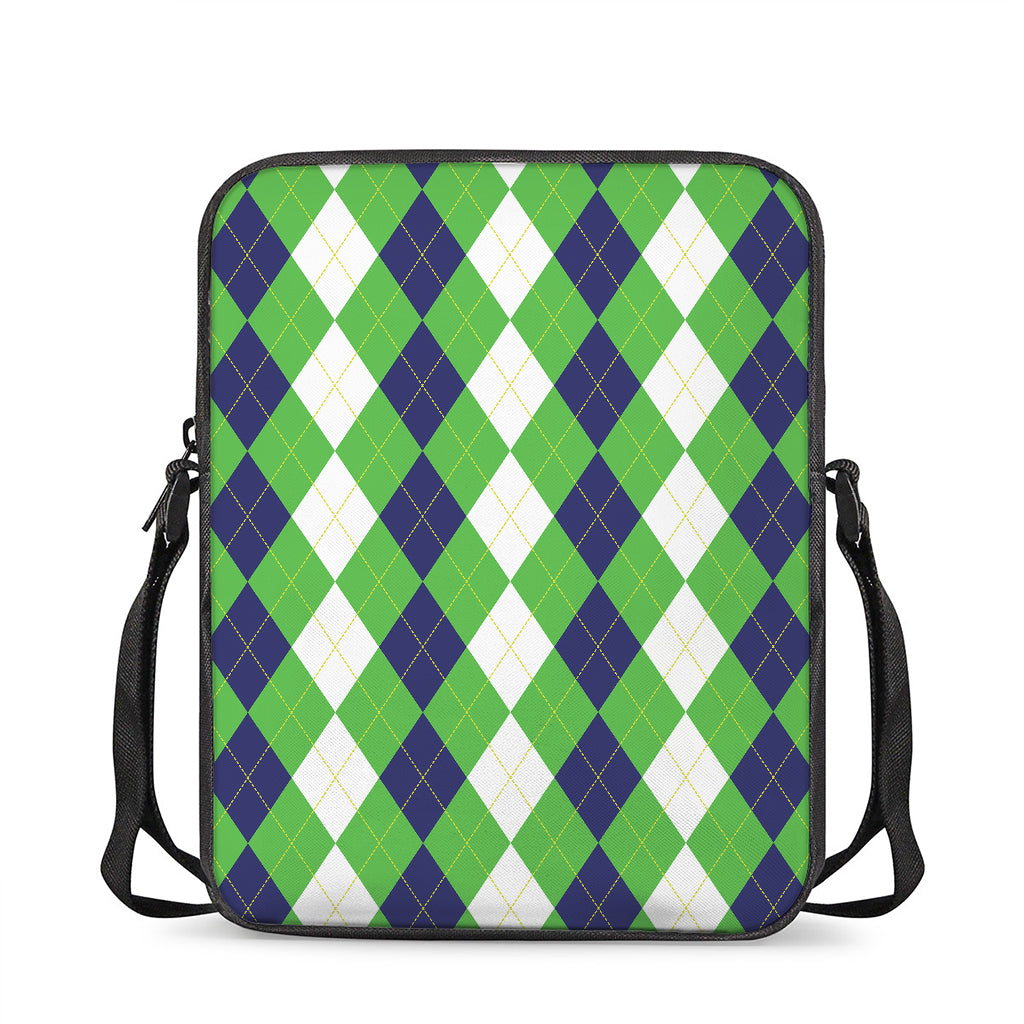 White Navy And Green Argyle Print Rectangular Crossbody Bag