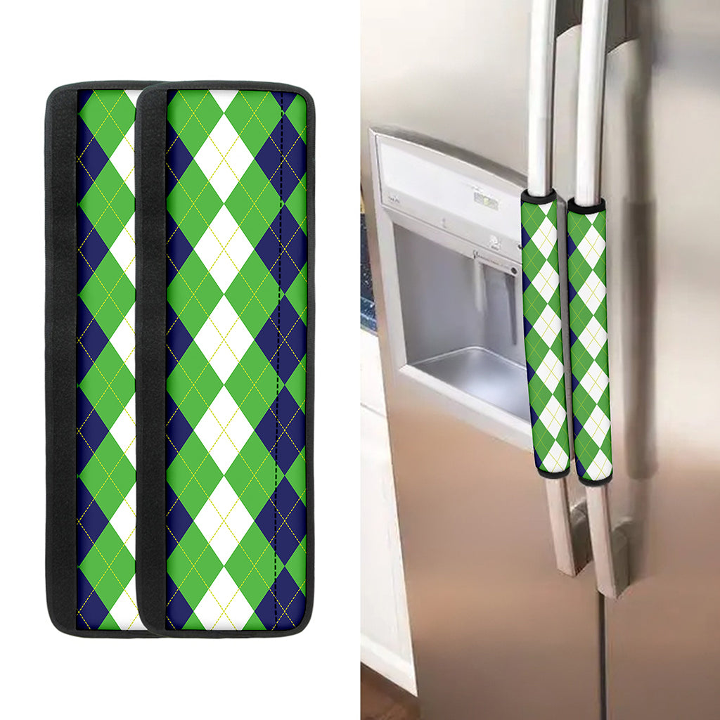 White Navy And Green Argyle Print Refrigerator Handle Covers