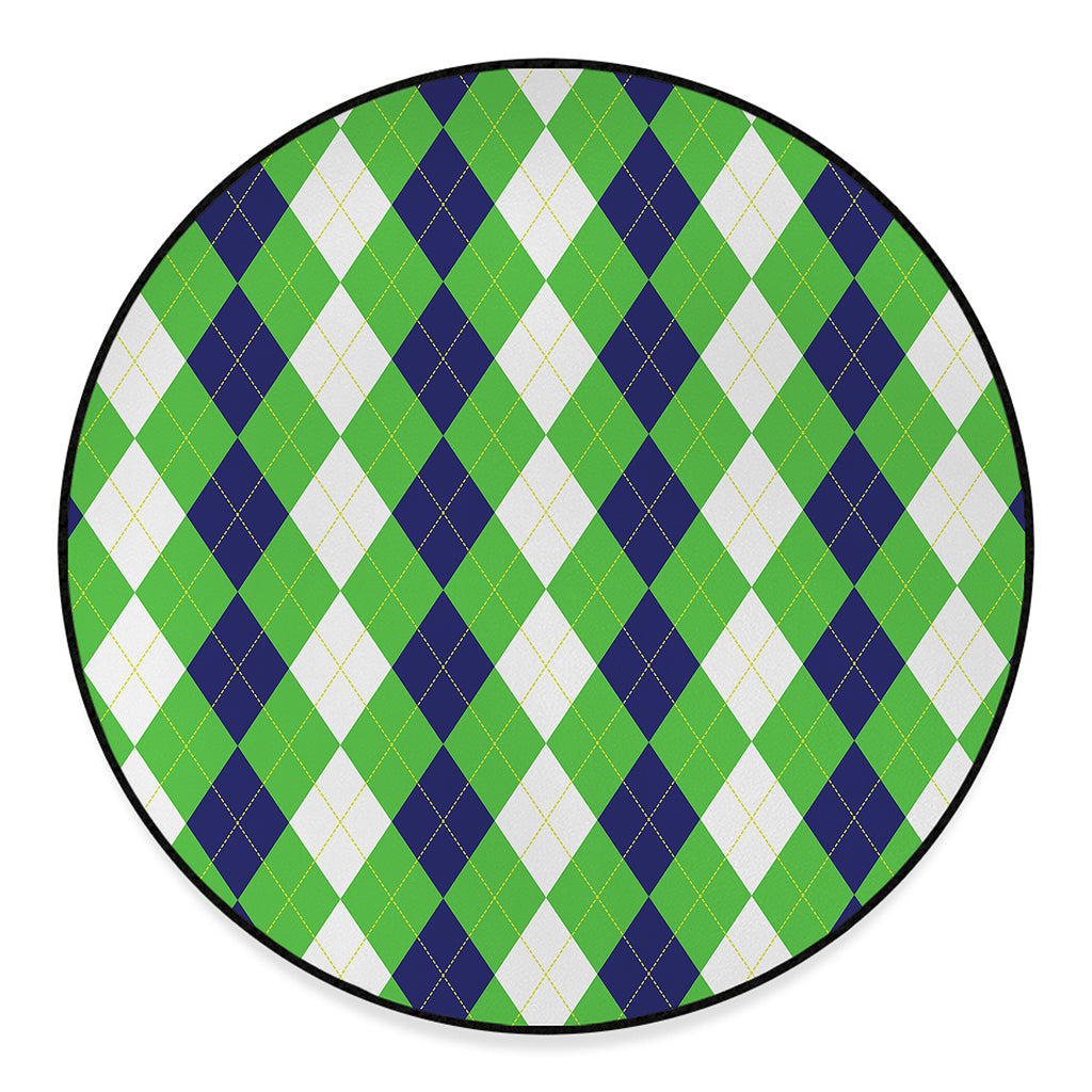 White Navy And Green Argyle Print Round Floor Mat