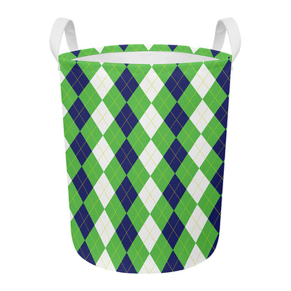 White Navy And Green Argyle Print Round Laundry Basket
