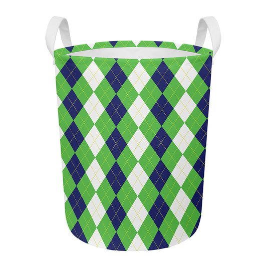 White Navy And Green Argyle Print Round Laundry Basket