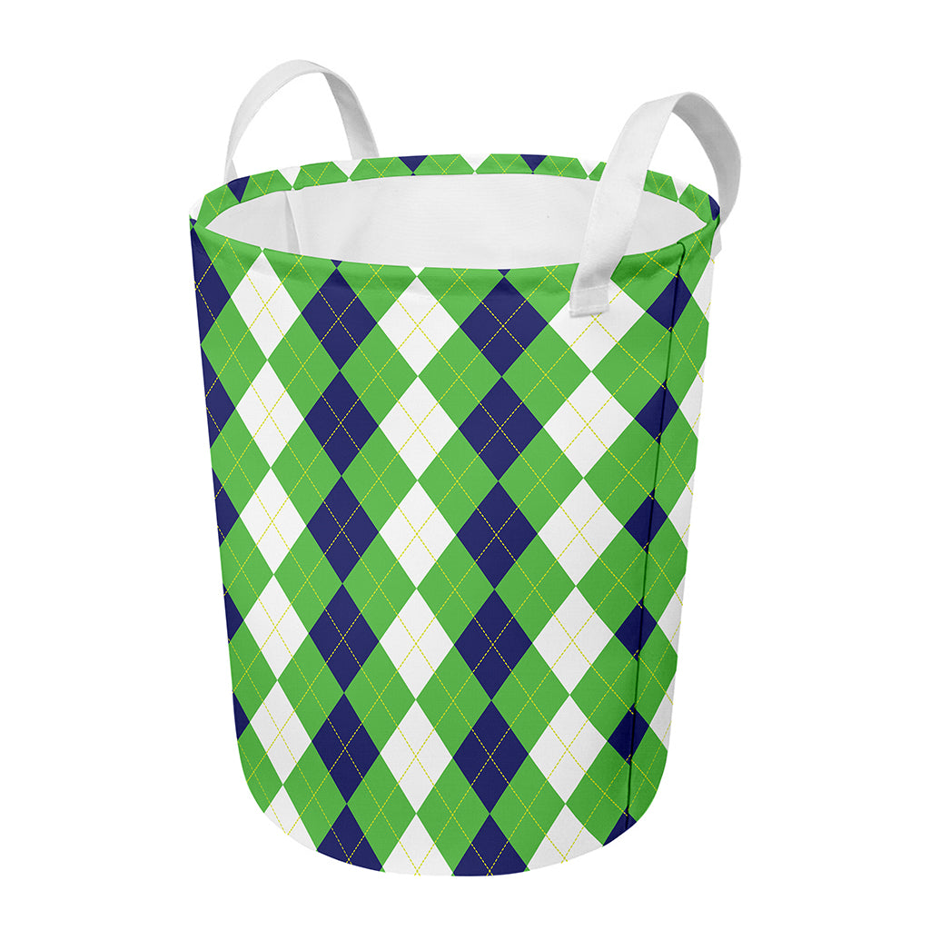 White Navy And Green Argyle Print Round Laundry Basket