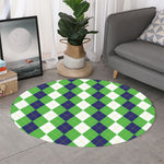 White Navy And Green Argyle Print Round Rug