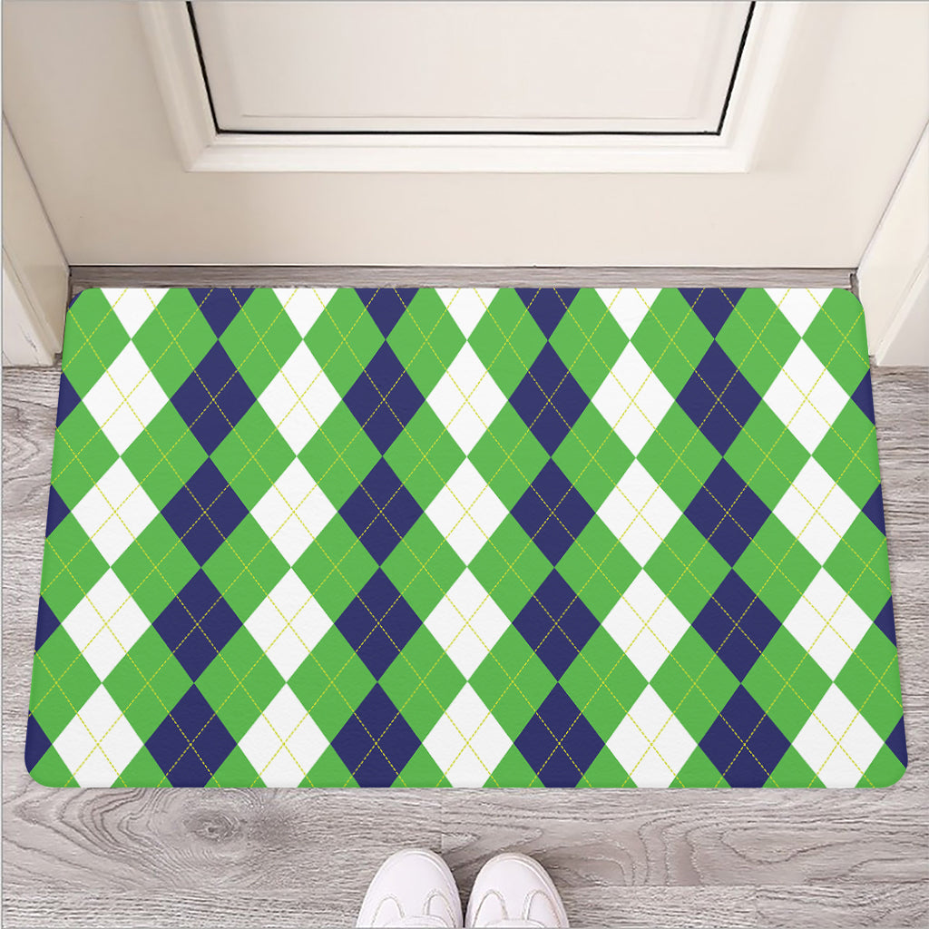 White Navy And Green Argyle Print Rubber Doormat
