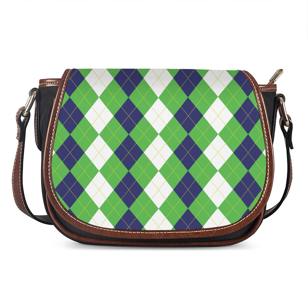 White Navy And Green Argyle Print Saddle Bag