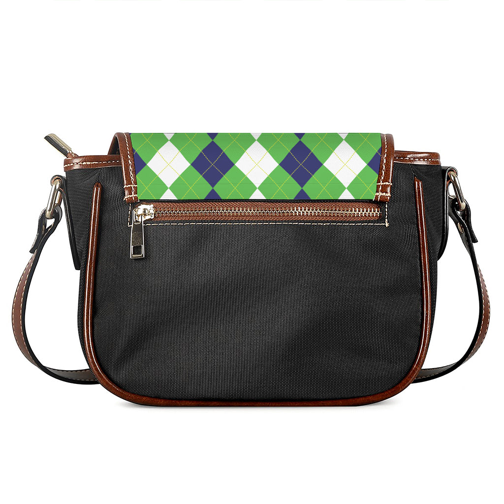 White Navy And Green Argyle Print Saddle Bag