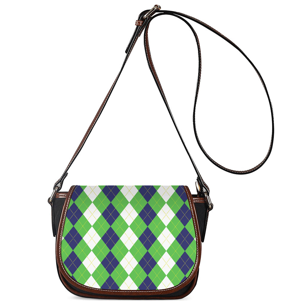 White Navy And Green Argyle Print Saddle Bag