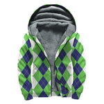 White Navy And Green Argyle Print Sherpa Lined Zip Up Hoodie