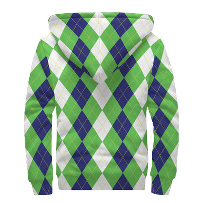 White Navy And Green Argyle Print Sherpa Lined Zip Up Hoodie