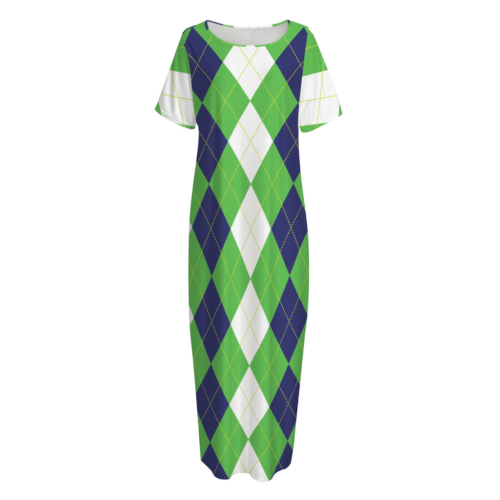 White Navy And Green Argyle Print Short Sleeve Long Nightdress