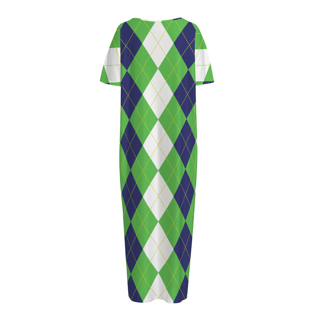 White Navy And Green Argyle Print Short Sleeve Long Nightdress