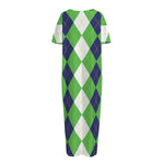 White Navy And Green Argyle Print Short Sleeve Long Nightdress