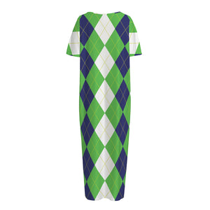 White Navy And Green Argyle Print Short Sleeve Long Nightdress