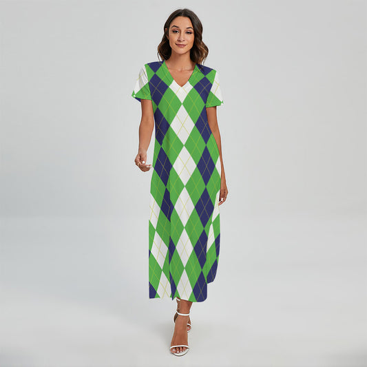 White Navy And Green Argyle Print Short Sleeve Maxi Dress
