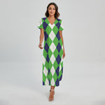 White Navy And Green Argyle Print Short Sleeve Maxi Dress