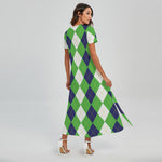White Navy And Green Argyle Print Short Sleeve Maxi Dress