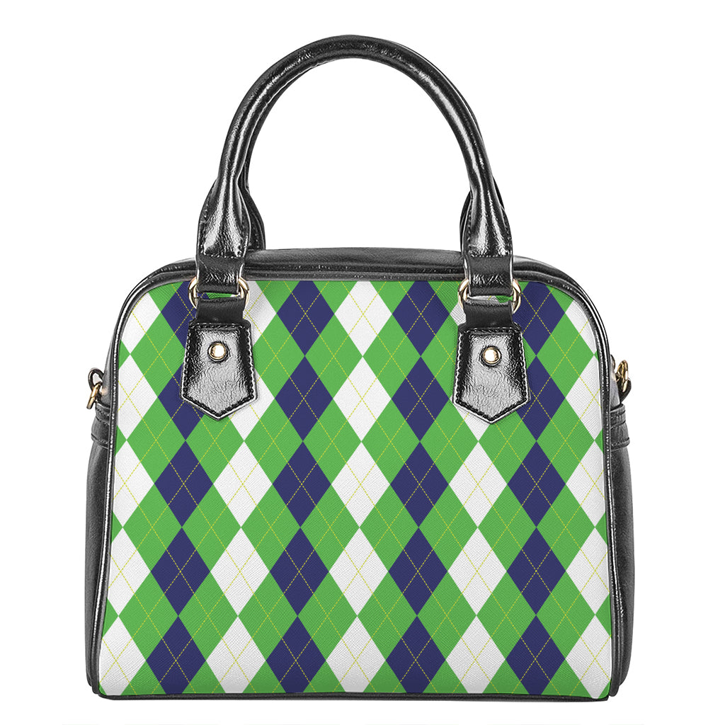 White Navy And Green Argyle Print Shoulder Handbag