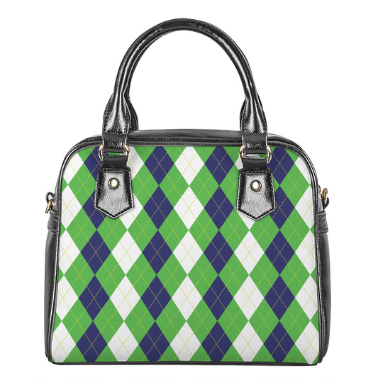 White Navy And Green Argyle Print Shoulder Handbag