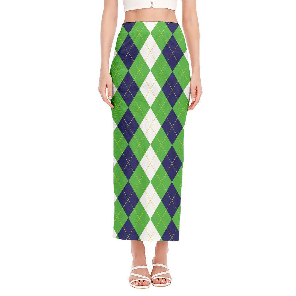 White Navy And Green Argyle Print Side Slit Maxi Skirt