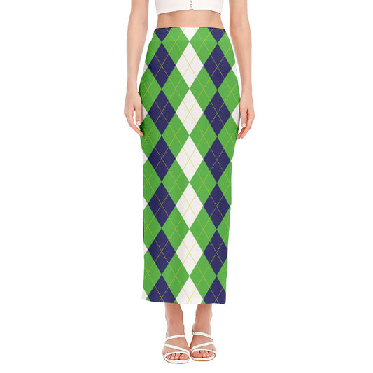 White Navy And Green Argyle Print Side Slit Maxi Skirt