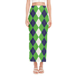 White Navy And Green Argyle Print Side Slit Maxi Skirt