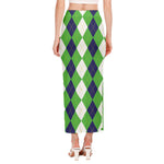 White Navy And Green Argyle Print Side Slit Maxi Skirt