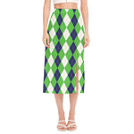 White Navy And Green Argyle Print Side Slit Midi Skirt