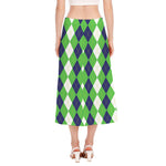 White Navy And Green Argyle Print Side Slit Midi Skirt