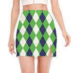 White Navy And Green Argyle Print Side Slit Mini Skirt