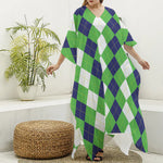White Navy And Green Argyle Print Silk V-Neck Kaftan Dress