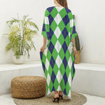 White Navy And Green Argyle Print Silk V-Neck Kaftan Dress