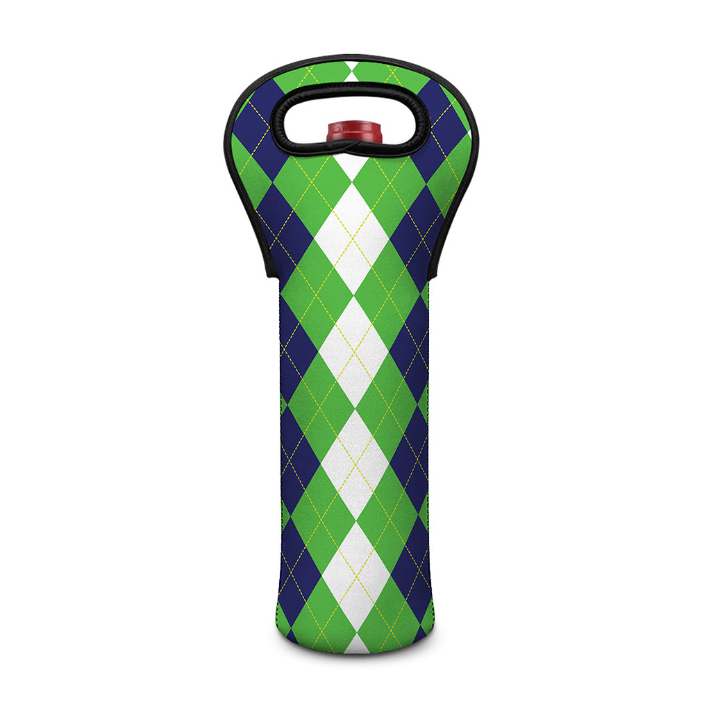 White Navy And Green Argyle Print Single Neoprene Wine Tote