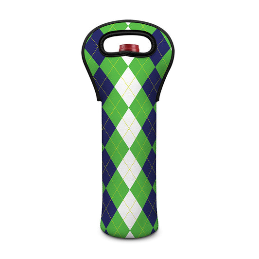 White Navy And Green Argyle Print Single Neoprene Wine Tote