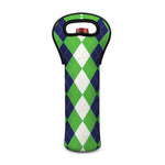 White Navy And Green Argyle Print Single Neoprene Wine Tote