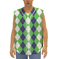 White Navy And Green Argyle Print Sleeveless Baseball Jersey