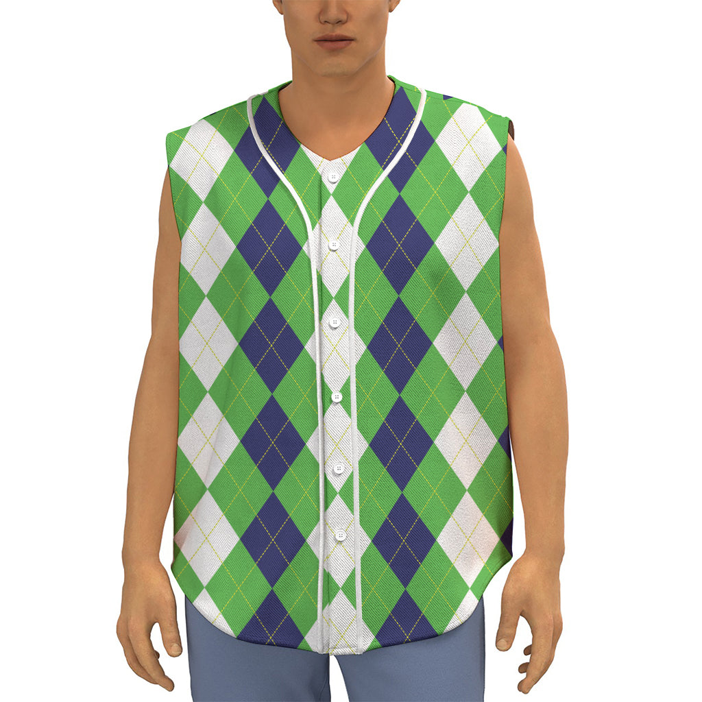 White Navy And Green Argyle Print Sleeveless Baseball Jersey