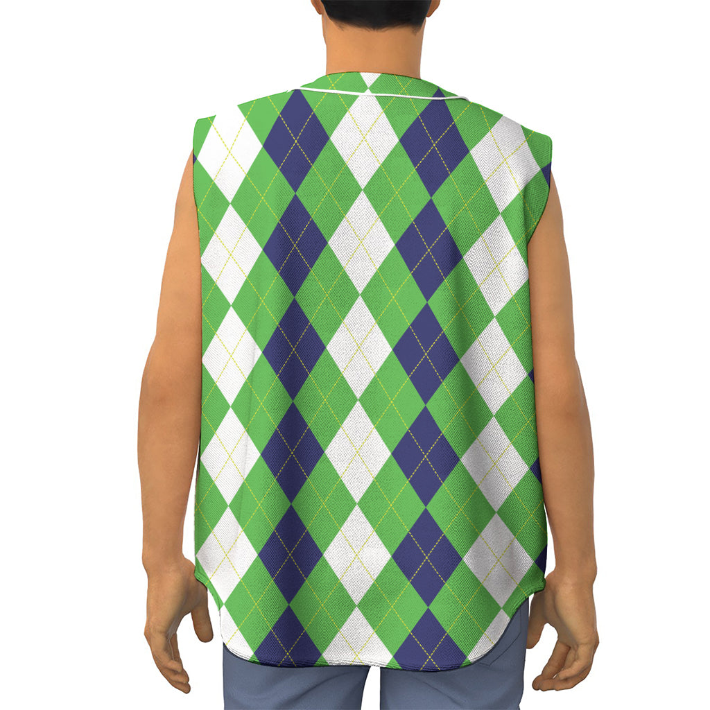 White Navy And Green Argyle Print Sleeveless Baseball Jersey