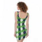White Navy And Green Argyle Print Sleeveless Bodycon Dress