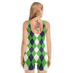 White Navy And Green Argyle Print Sleeveless One Piece Swimsuit