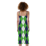 White Navy And Green Argyle Print Slim Fit Midi Cami Dress