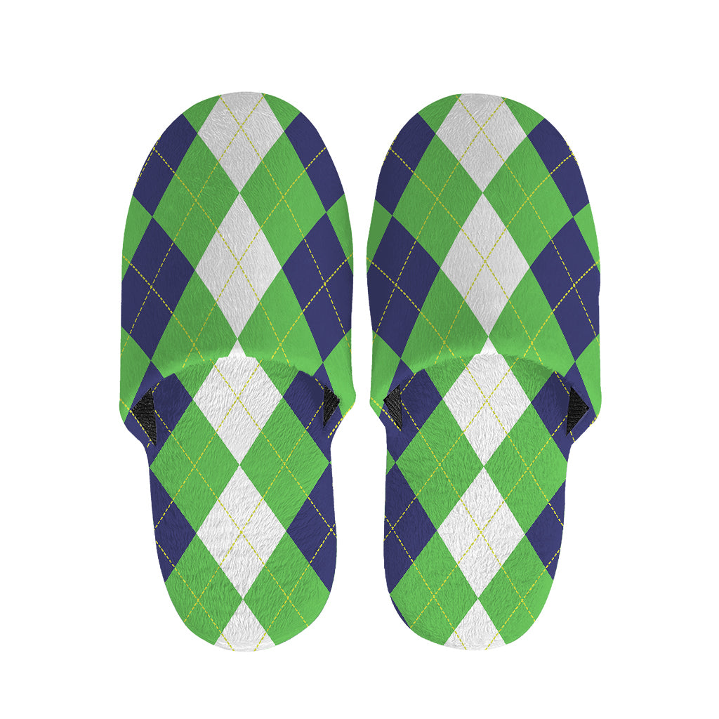 White Navy And Green Argyle Print Slippers