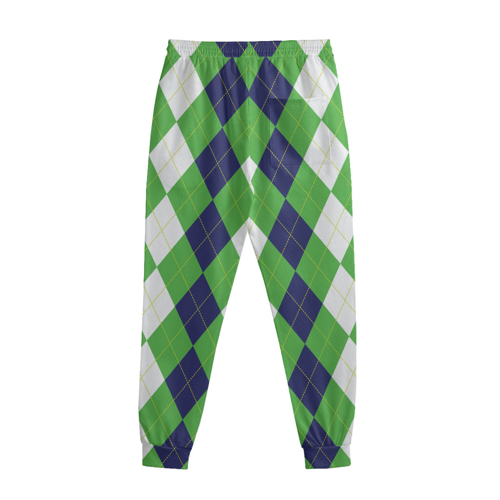 White Navy And Green Argyle Print Sweatpants